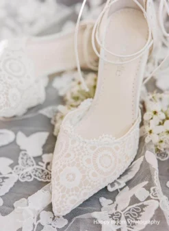 CASSIE Lace Up Crocheted Ivory Strappy Block Heels Wedding