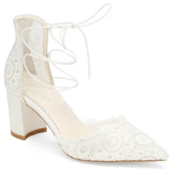 CASSIE Lace Up Crocheted Ivory Strappy Block Heels Wedding