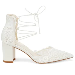 CASSIE Lace Up Crocheted Ivory Strappy Block Heels Wedding