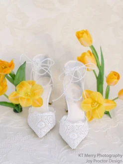 CASSIE Lace Up Crocheted Ivory Strappy Block Heels Wedding
