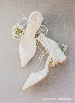 CASSIE Lace Up Crocheted Ivory Strappy Block Heels Wedding