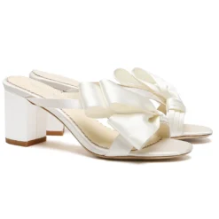 IMANI Wedding Ivory Bow Low Block Mules Sandals