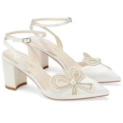KAYLA Ivory Wedding Shoes With Pearls, Block Heel Slingback