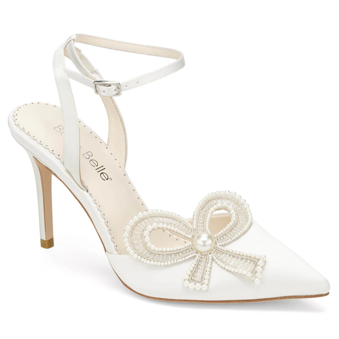 KENZIE Ivory Beaded Pearl Bow Shoes, Bridal Ankle Strap Heels With Bow 5 KENZIE Ivory Beaded Pearl Bow Shoes, Bridal Ankle Strap Heels With Bow