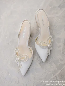 KENZIE Ivory Beaded Pearl Bow Shoes, Bridal Ankle Strap Heels With Bow