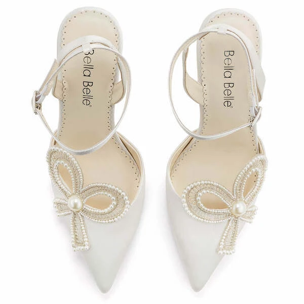 KENZIE Ivory Beaded Pearl Bow Shoes, Bridal Ankle Strap Heels With Bow 6 KENZIE Ivory Beaded Pearl Bow Shoes, Bridal Ankle Strap Heels With Bow