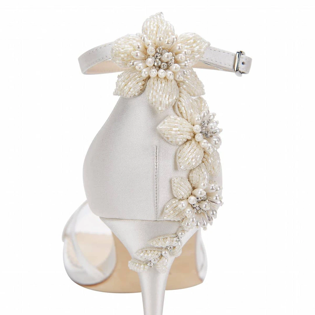 GARDENIA Ivory Ankle Strap Heels With Pearls & Beads Stiletto Wedding Shoes 5 GARDENIA Ivory Ankle Strap Heels With Pearls & Beads Stiletto Wedding Shoes