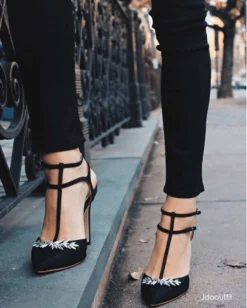 PAYGE Crystal Embellished Heels, T Strap Pumps Evening