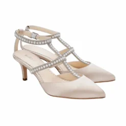 COURTNEY Crystals & Pearl T-Strap Champagne Wedding Shoes Low Heel Kitten Pumps
