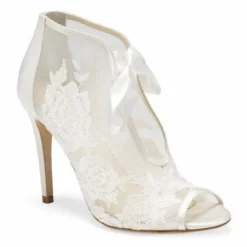 NIKKI IVORY Ivory Ribbon Tie Lace Embroidered Bootie
