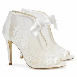 NIKKI IVORY Ivory Ribbon Tie Lace Embroidered Bootie