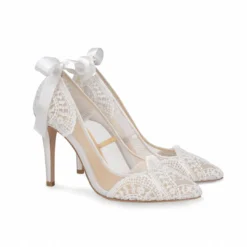 GISELLE Ivory Lace Boho Wedding Heels With Ribbon Tie