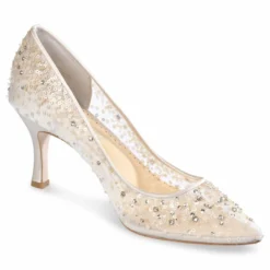 EVELYN NUDE Wedding Low Heel Crystal Sequin Nude Sparkly Heels