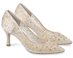 EVELYN NUDE Wedding Low Heel Crystal Sequin Nude Sparkly Heels