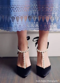 LISA BLACK Black Ankle Strap Heel With Pearl Detail