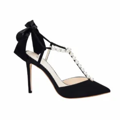 LISBETH BLACK Pearl Wedding Shoes Pearl Strap Heels With Bow Ankle Strap