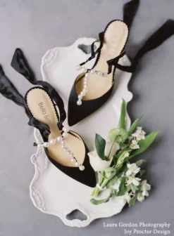 LISBETH BLACK Pearl Wedding Shoes Pearl Strap Heels With Bow Ankle Strap