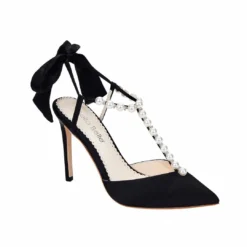 LISBETH BLACK Pearl Wedding Shoes Pearl Strap Heels With Bow Ankle Strap