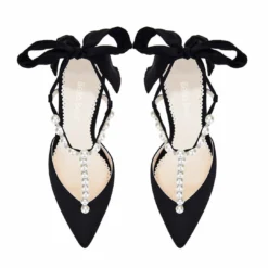 LISBETH BLACK Pearl Wedding Shoes Pearl Strap Heels With Bow Ankle Strap