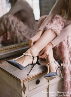 LISBETH BLACK Pearl Wedding Shoes Pearl Strap Heels With Bow Ankle Strap