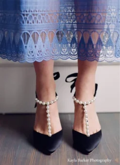 LISBETH BLACK Pearl Wedding Shoes Pearl Strap Heels With Bow Ankle Strap