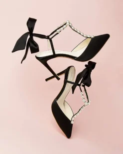 LISBETH BLACK Pearl Wedding Shoes Pearl Strap Heels With Bow Ankle Strap