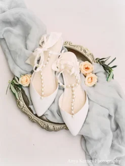 LULU Pearls And Crystal Ivory Bow Wedding Flats