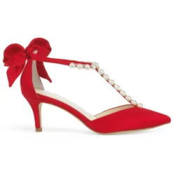 LISA RED Pearls And Red Bow Kitten Heel
