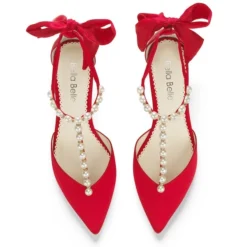 LISA RED Pearls And Red Bow Kitten Heel