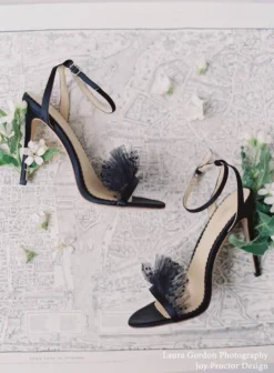 BRIDGET BLACK Wedding Sandals Tulle Stiletto Ankle Strap Heels