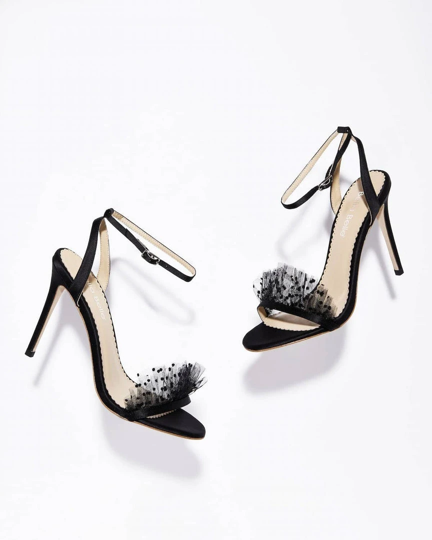 BRIDGET BLACK Wedding Sandals Tulle Stiletto Ankle Strap Heels 7 BRIDGET BLACK Wedding Sandals Tulle Stiletto Ankle Strap Heels