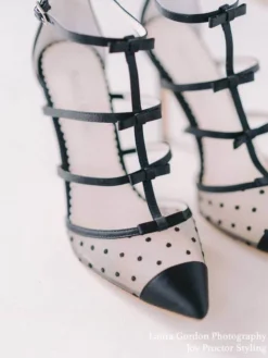 RITA BLACK Black T Strap Heels With Polka Dots