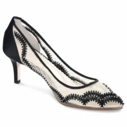 NICOLE Scalloped Embroidered Black Evening Kitten Heels