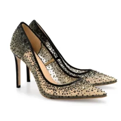 ELSA BLACK Crystal Embellished Heels With Black Sequin On Nude Mesh Evening