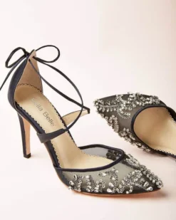 FLORENCE BLACK Black Mesh Heels Crystal Embellished Pumps