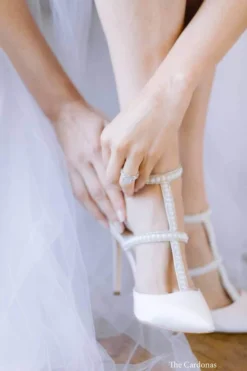 CAROLINA Ivory Wedding Shoes With Pearls, T Strap Heels