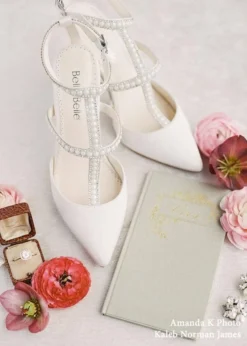 CAROLINA Ivory Wedding Shoes With Pearls, T Strap Heels