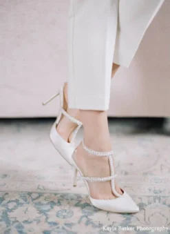 CAROLINA Ivory Wedding Shoes With Pearls, T Strap Heels