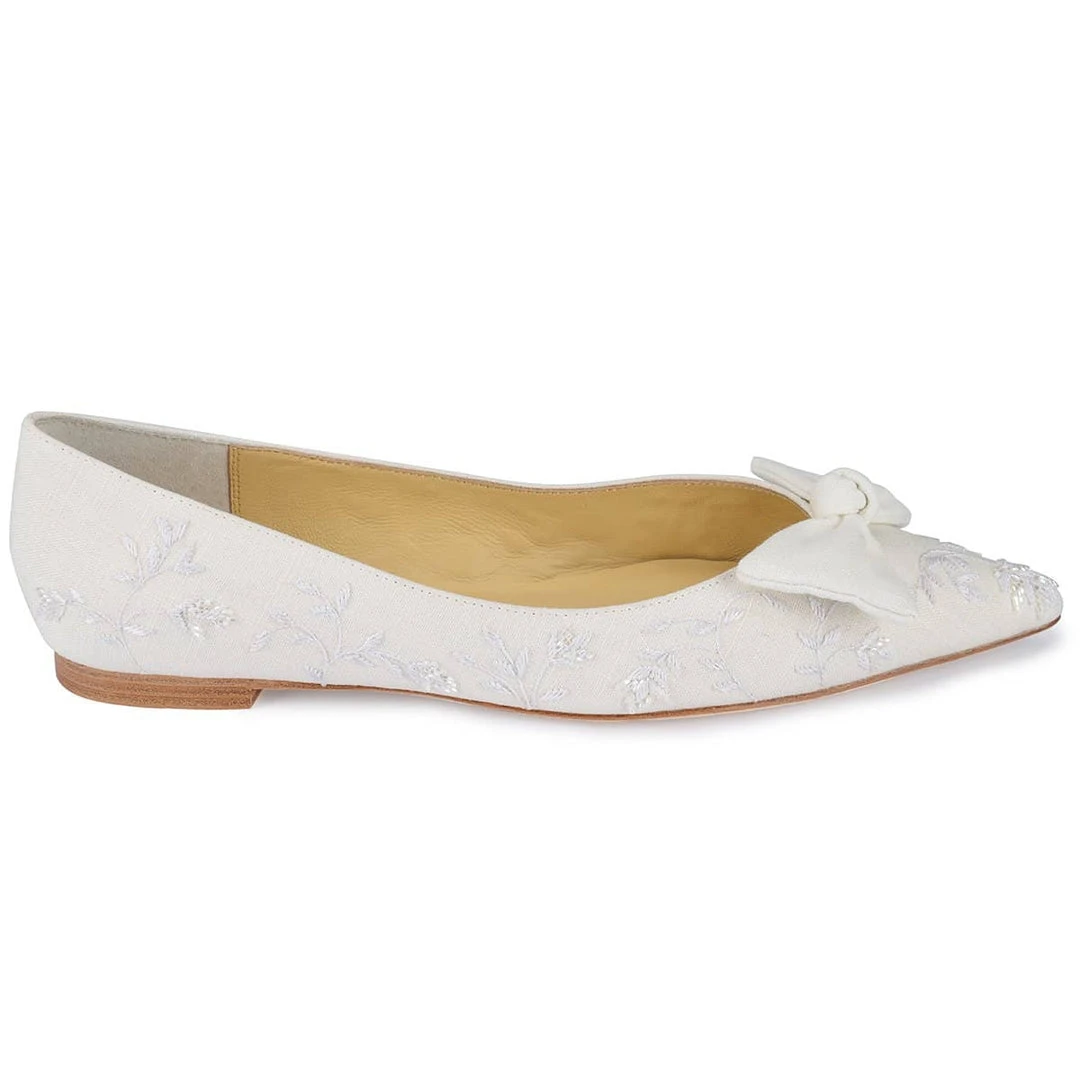 LAVENDER Wedding White Embroidered Flats With Bows By Joy Proctor 3 LAVENDER Wedding White Embroidered Flats With Bows By Joy Proctor