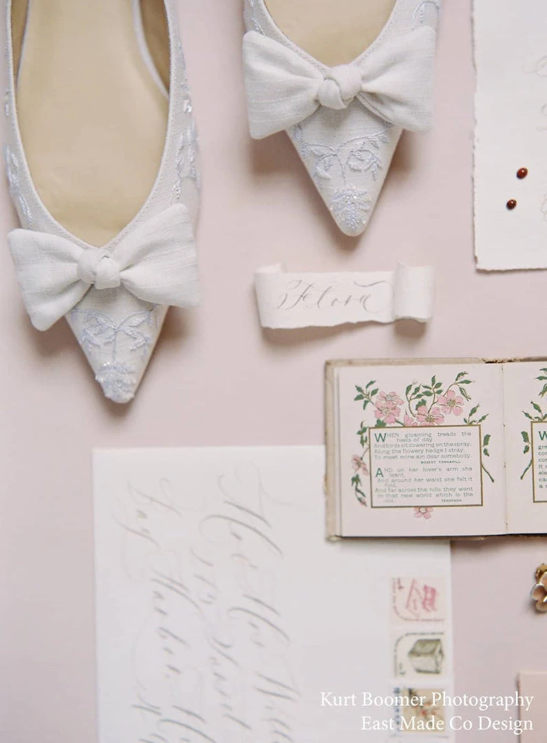 LAVENDER Wedding White Embroidered Flats With Bows By Joy Proctor 7 LAVENDER Wedding White Embroidered Flats With Bows By Joy Proctor