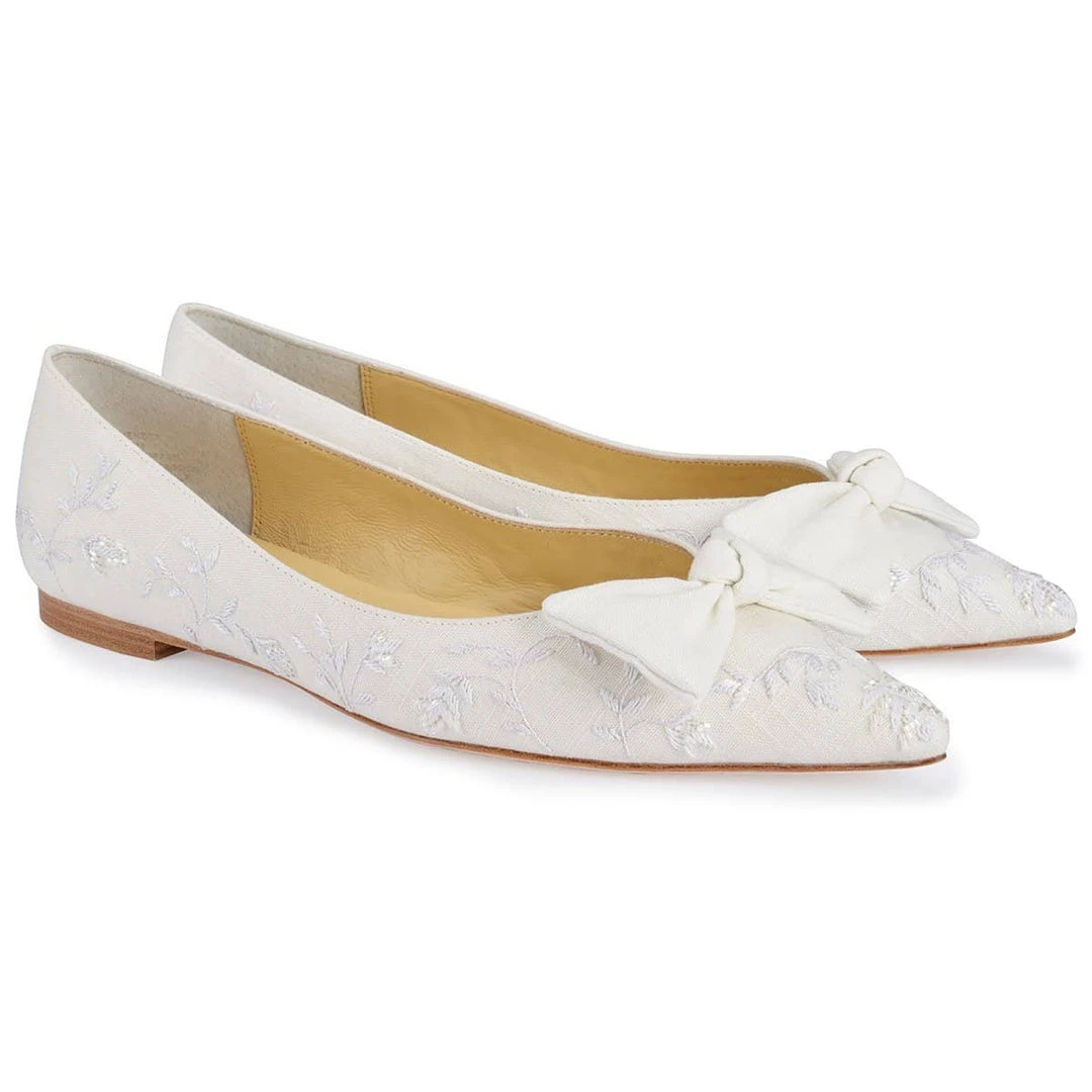 LAVENDER Wedding White Embroidered Flats With Bows By Joy Proctor 1 LAVENDER Wedding White Embroidered Flats With Bows By Joy Proctor